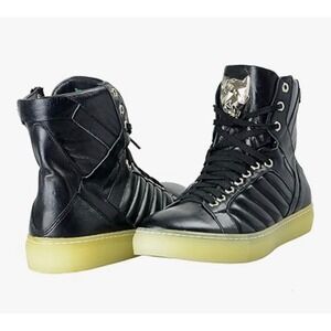 Philipp Plein Mens Black Leather Panther High Top Quilted Sneakers Black Size 43